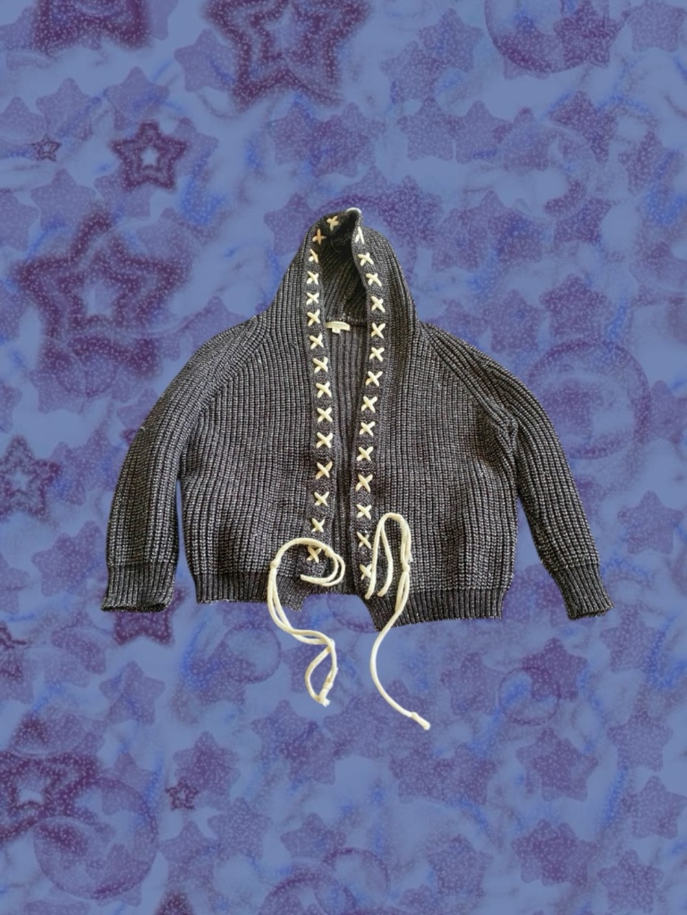 Earthbound Blue and White Lace Up Knit Cardigan Sweater